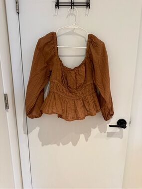 J. Crew Rust Brown Smocked Peplum Long-Sleeve Blouse